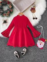 Girls Christmas Red Dress With Pearl Embellished Collar & Sleeves, Perforated Skirt Hem + Santa Claus Handbag
